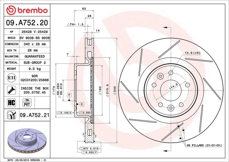 Тормозной диск BREMBO 09A75221