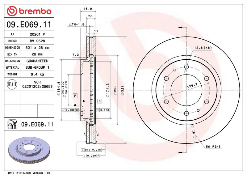 Тормозной диск BREMBO 09E06911