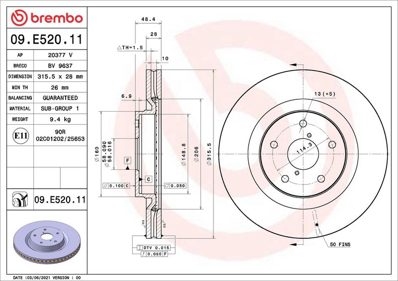 Тормозной диск BREMBO 09E52011