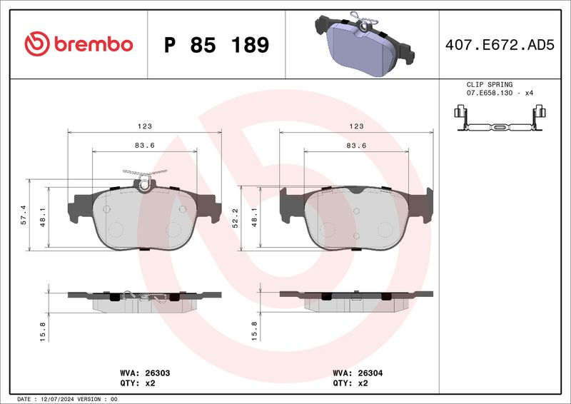 Комплект тормозных колодок, дисковый тормоз BREMBO P85189