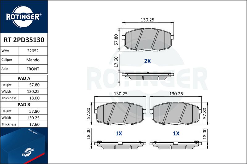 Комплект тормозных колодок, дисковый тормоз ROTINGER RT2PD35130