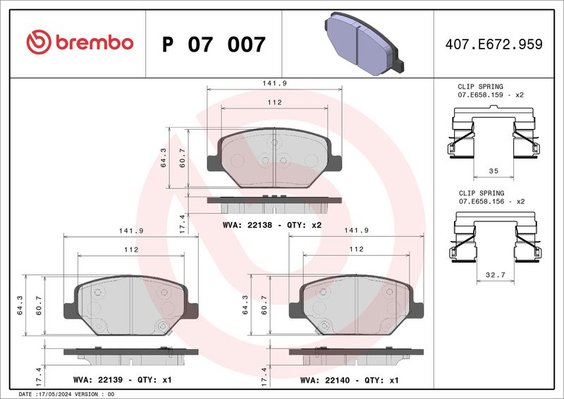 Комплект тормозных колодок, дисковый тормоз BREMBO P07007