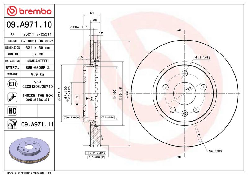 Тормозной диск BREMBO 09A97110