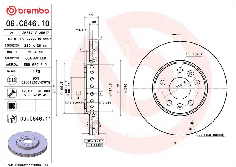 Тормозной диск BREMBO 09C64611