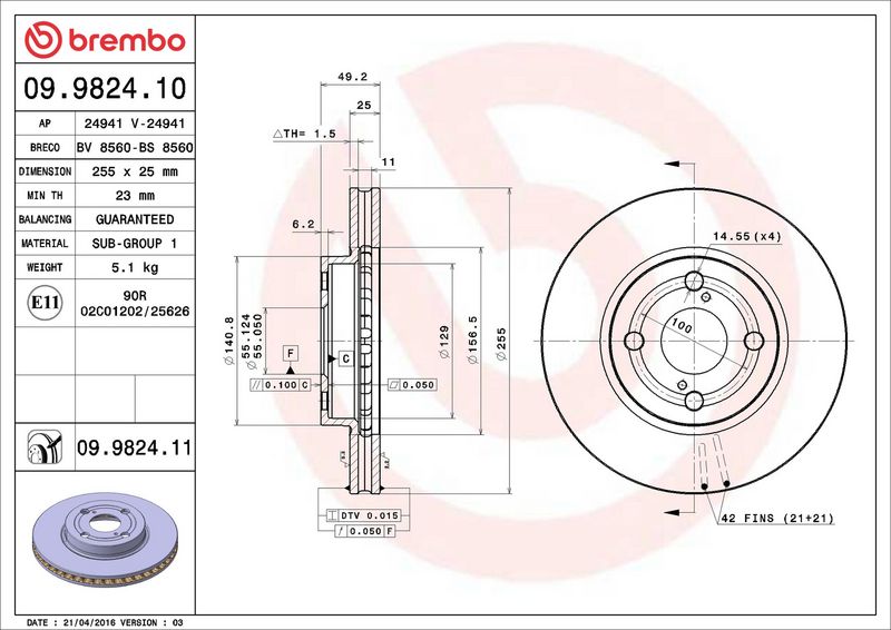 Тормозной диск BREMBO 09982411