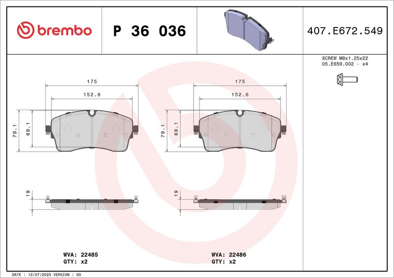 Комплект тормозных колодок, дисковый тормоз BREMBO P36036