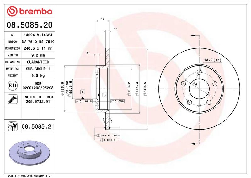 Тормозной диск BREMBO 08508521