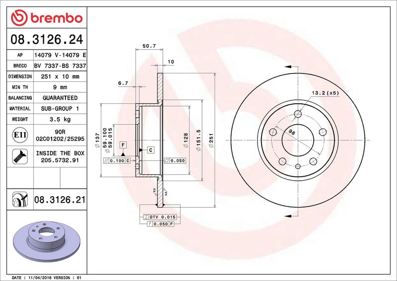 Тормозной диск BREMBO 08312624