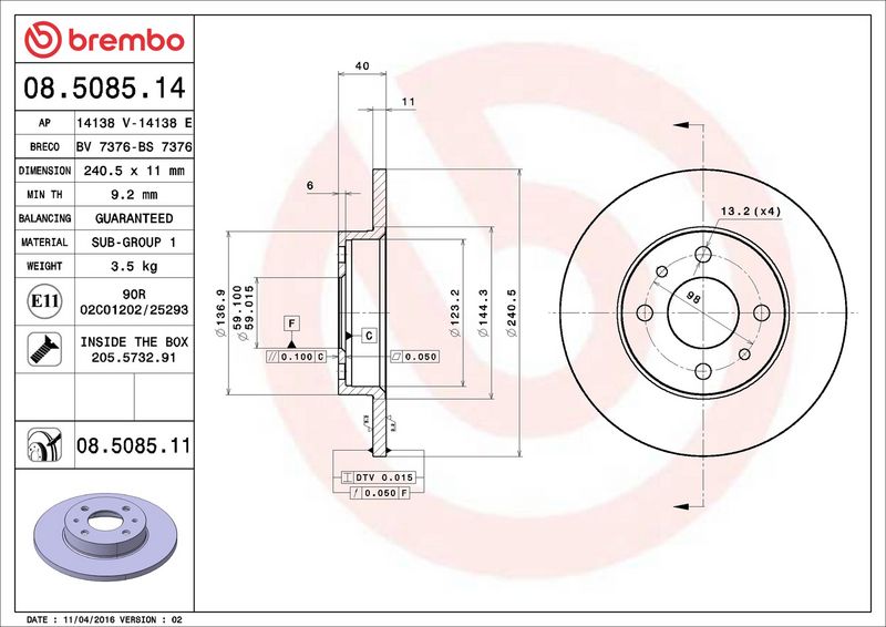 Тормозной диск BREMBO 08508511
