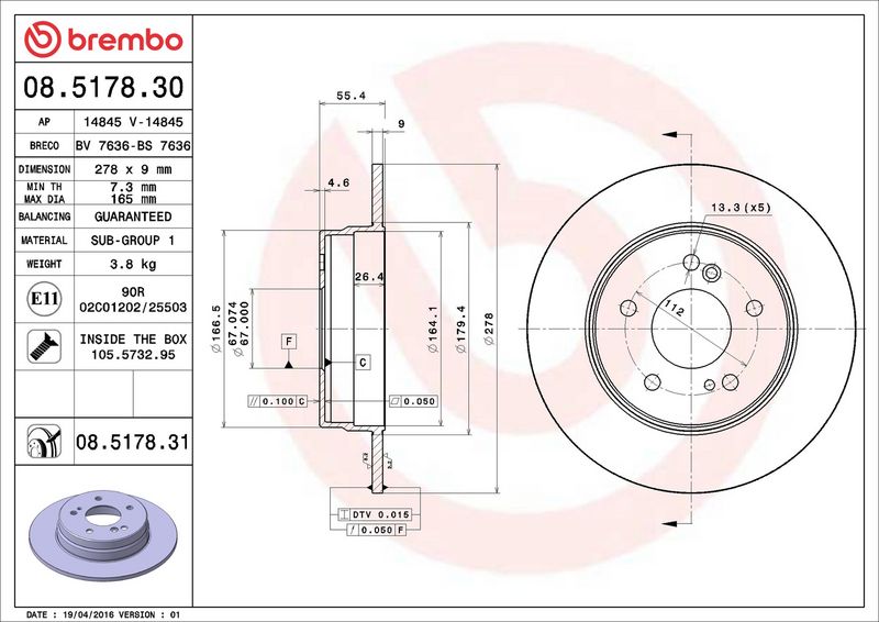 Тормозной диск BREMBO 08517830