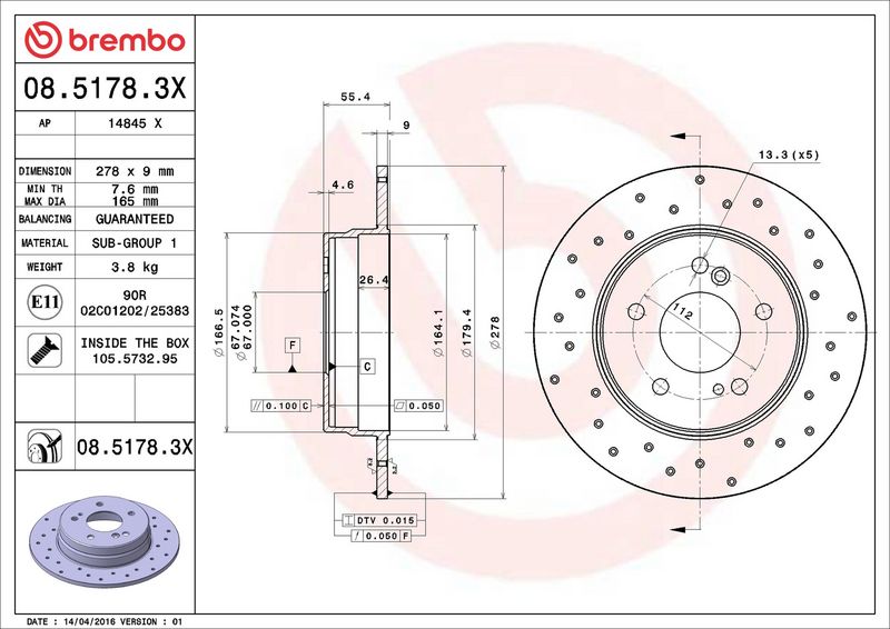 Тормозной диск BREMBO 0851783X
