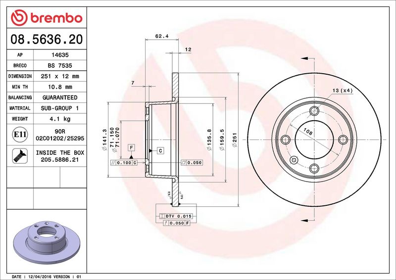 Тормозной диск BREMBO 08563620