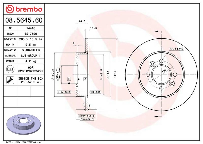 Тормозной диск BREMBO 08564560