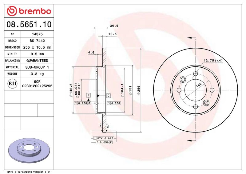 Тормозной диск BREMBO 08565110