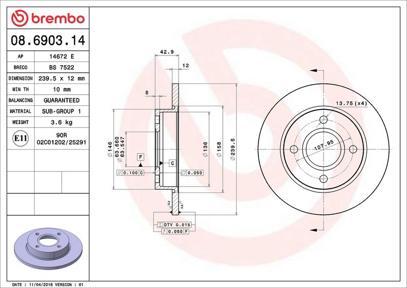 Тормозной диск BREMBO 08690314