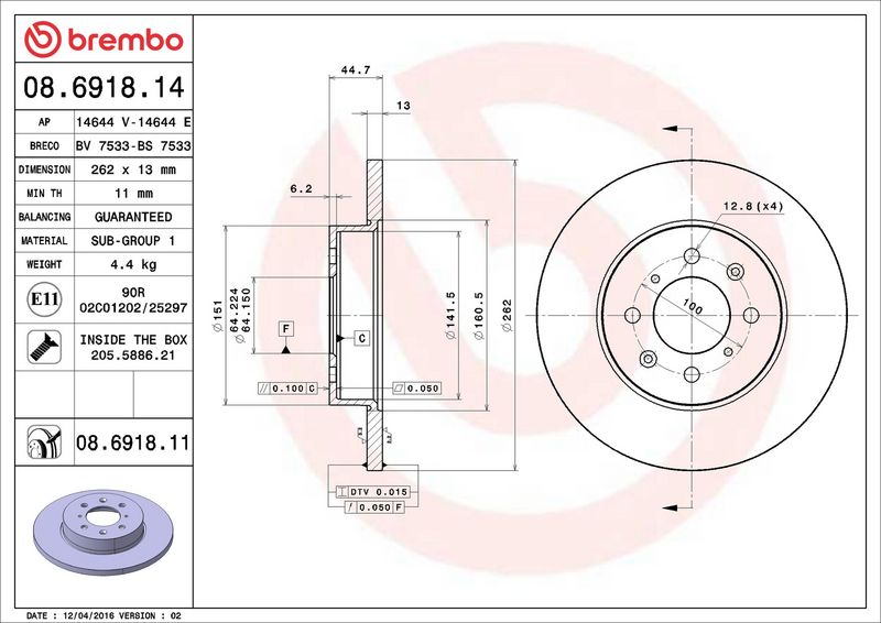 Тормозной диск BREMBO 08691811