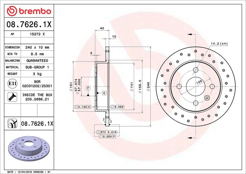 Тормозной диск BREMBO 0876261X