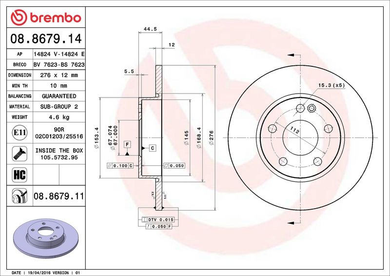 Тормозной диск BREMBO 08867911