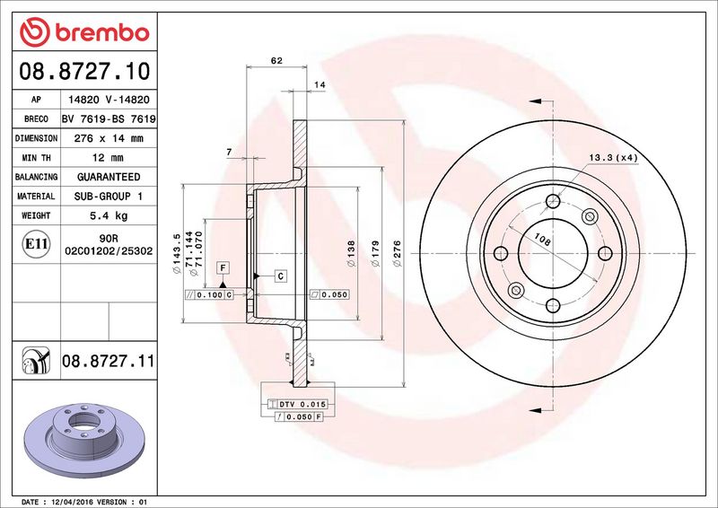 Тормозной диск BREMBO 08872710