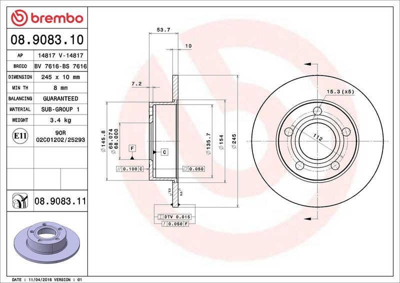 Тормозной диск BREMBO 08908311