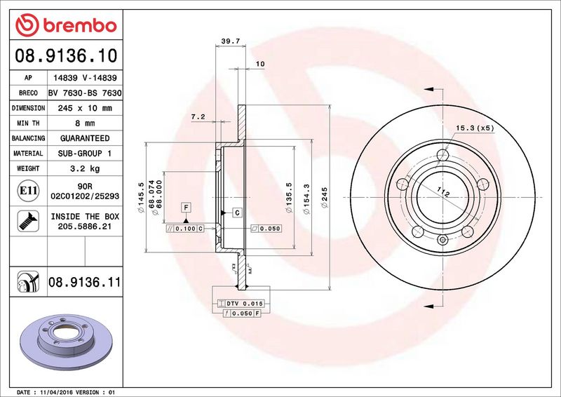 Тормозной диск BREMBO 08913610