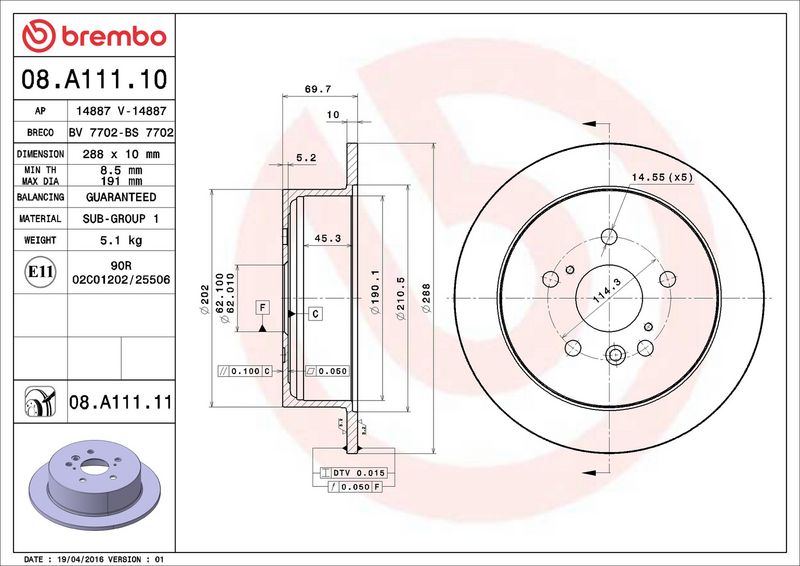 Тормозной диск BREMBO 08A11110