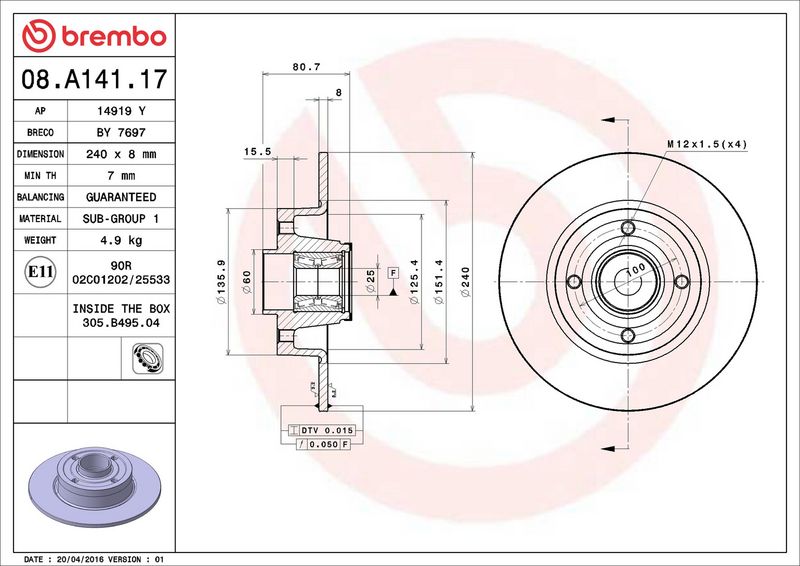 Тормозной диск BREMBO 08A14117