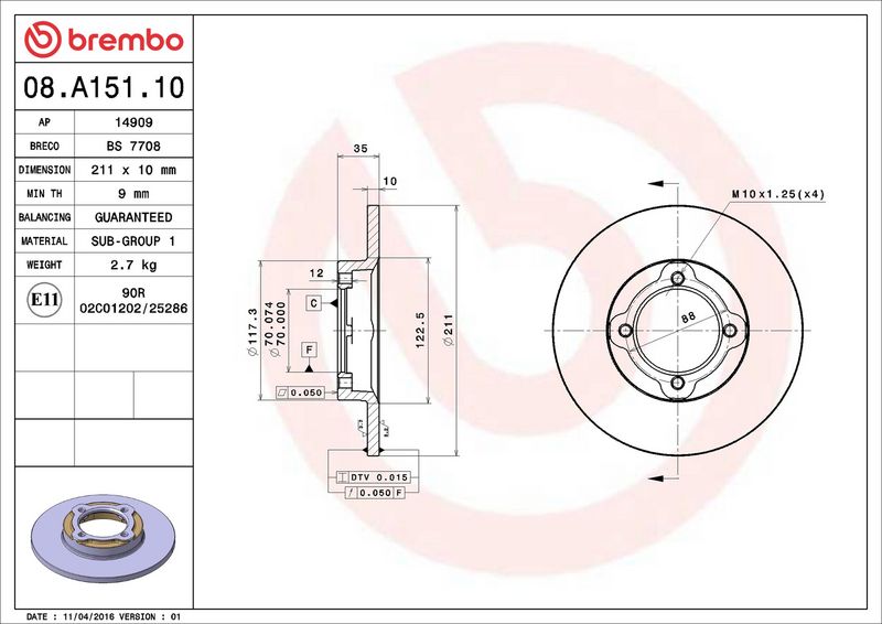 Тормозной диск BREMBO 08A15110