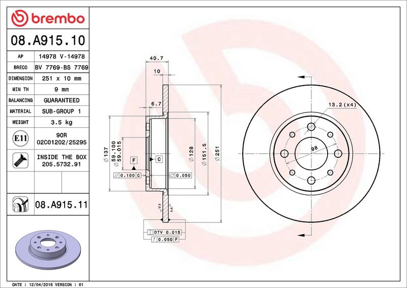 Тормозной диск BREMBO 08A91511