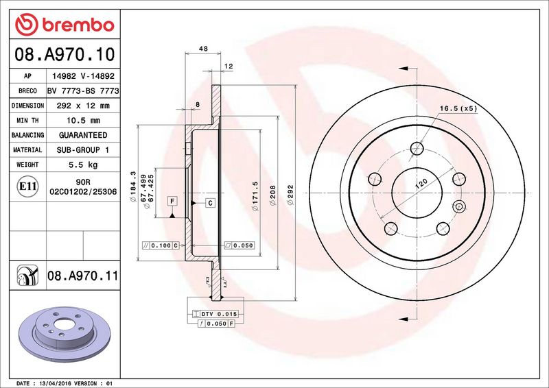 Тормозной диск BREMBO 08A97010