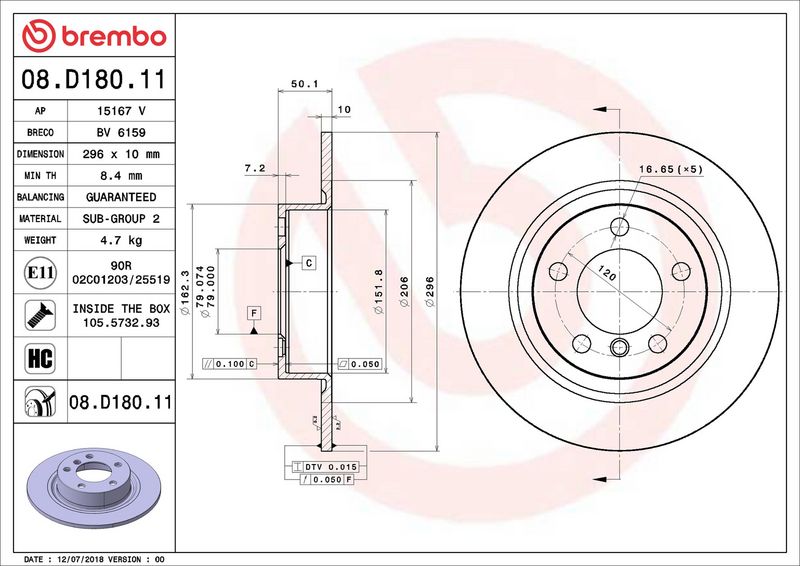 Тормозной диск BREMBO 08D18011