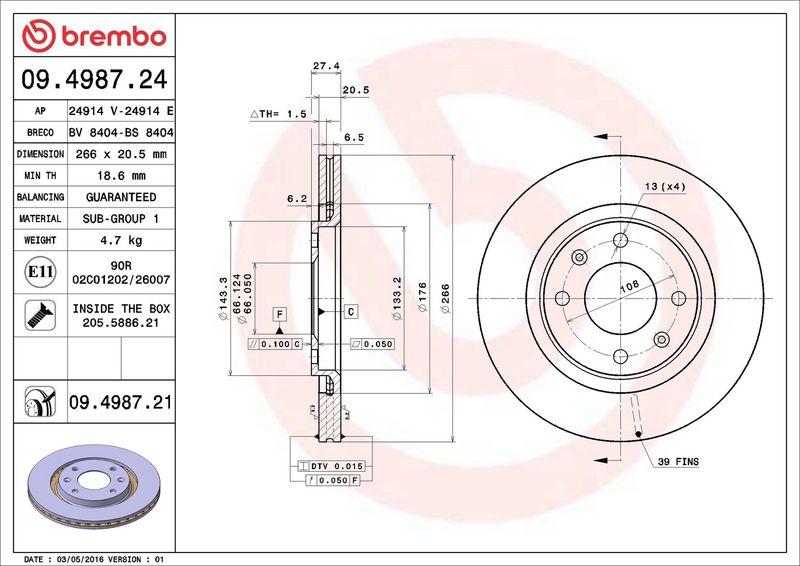 Тормозной диск BREMBO 09498724