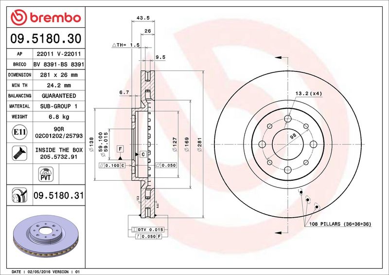 Тормозной диск BREMBO 09518031