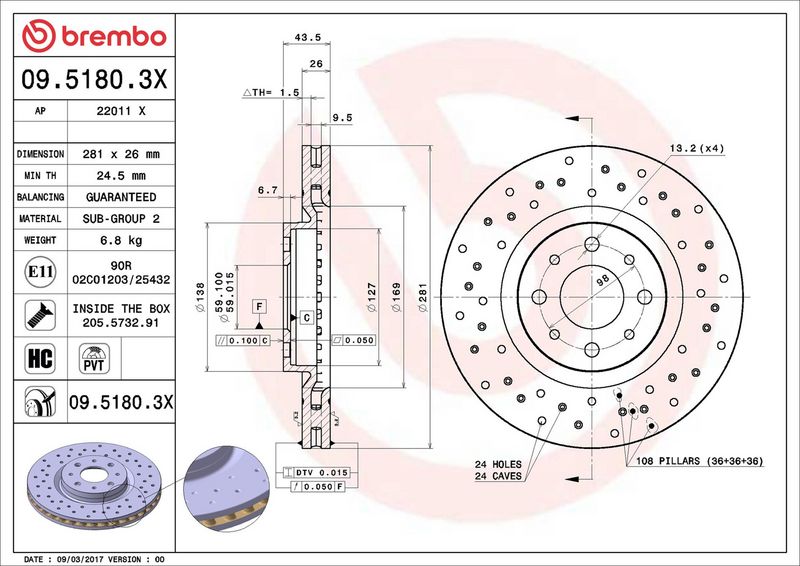 Тормозной диск BREMBO 0951803X