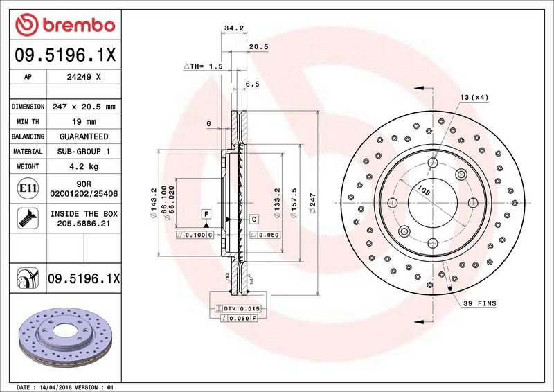 Тормозной диск BREMBO 0951961X