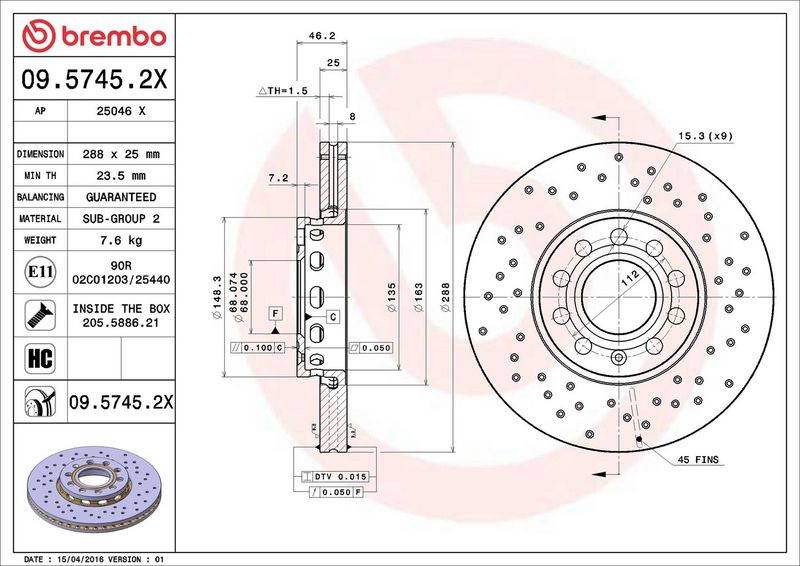 Тормозной диск BREMBO 0957452X