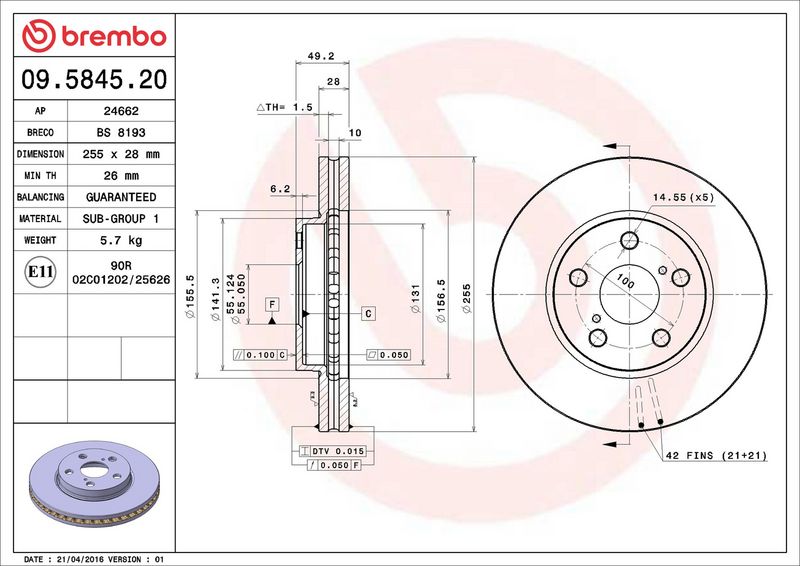 Тормозной диск BREMBO 09584520