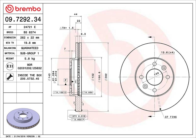 Тормозной диск BREMBO 09729234