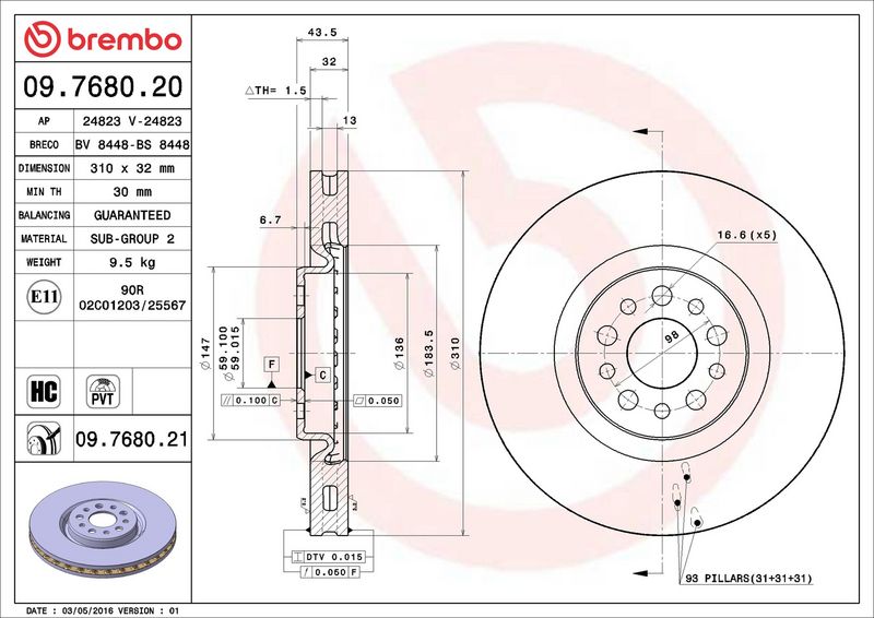Тормозной диск BREMBO 09768021