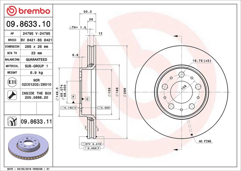 Тормозной диск BREMBO 09863310