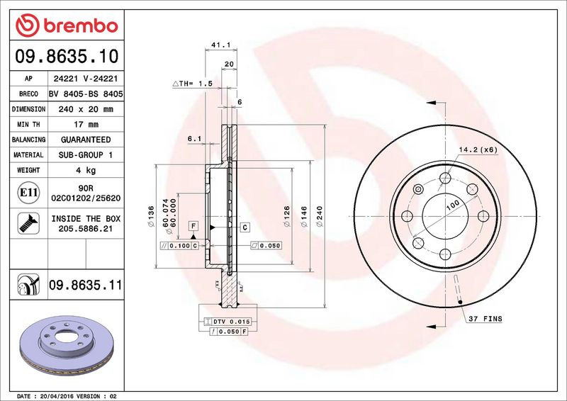 Тормозной диск BREMBO 09863511