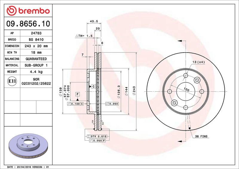 Тормозной диск BREMBO 09865610