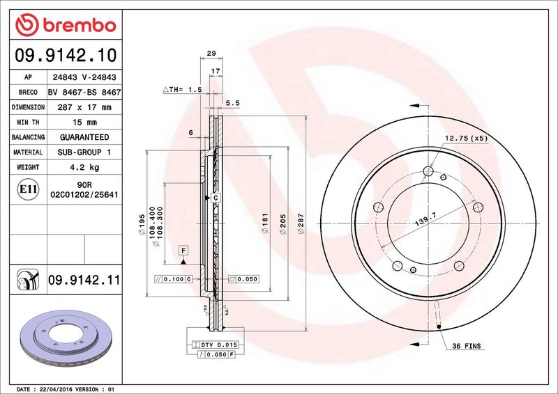 Тормозной диск BREMBO 09914210