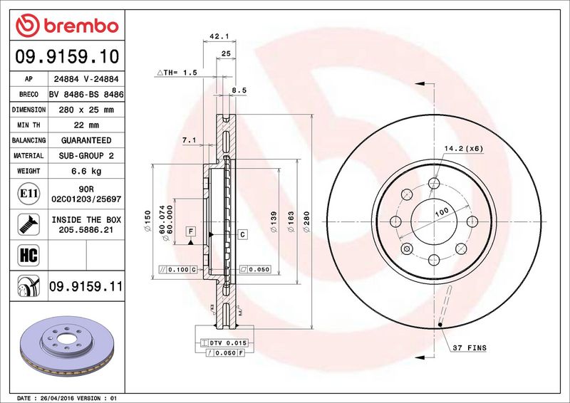 Тормозной диск BREMBO 09915911