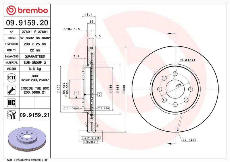 Тормозной диск BREMBO 09915921