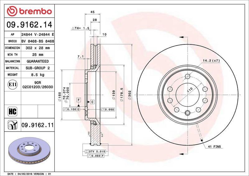 Тормозной диск BREMBO 09916211