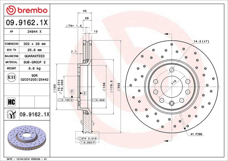 Тормозной диск BREMBO 0991621X