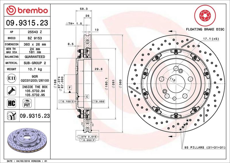 Тормозной диск BREMBO 09931523