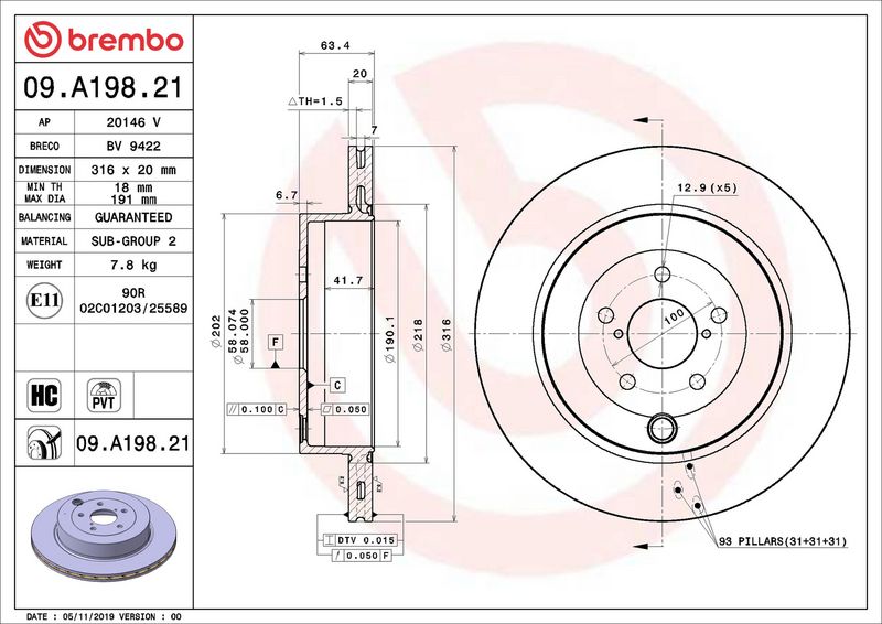 Тормозной диск BREMBO 09A19821