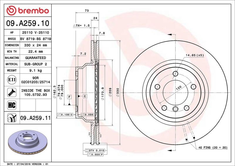 Тормозной диск BREMBO 09A25910